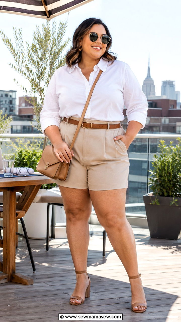Plus Size White Button Down With Tailored Beige Shorts - 30 Plus size outfit ideas for brunch