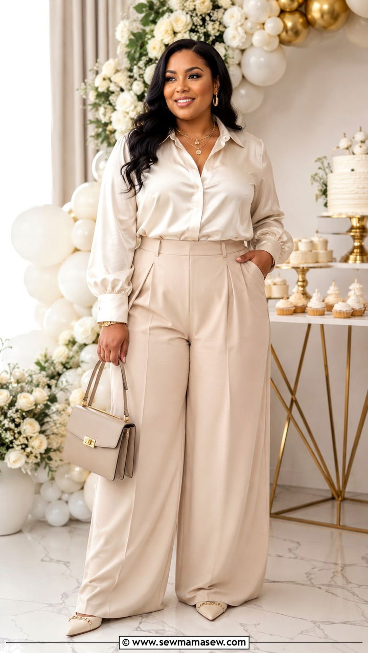 Plus Size Wide Leg Pants Blouse Baby Shower Outfit - 30 plus size baby shower outfit ideas