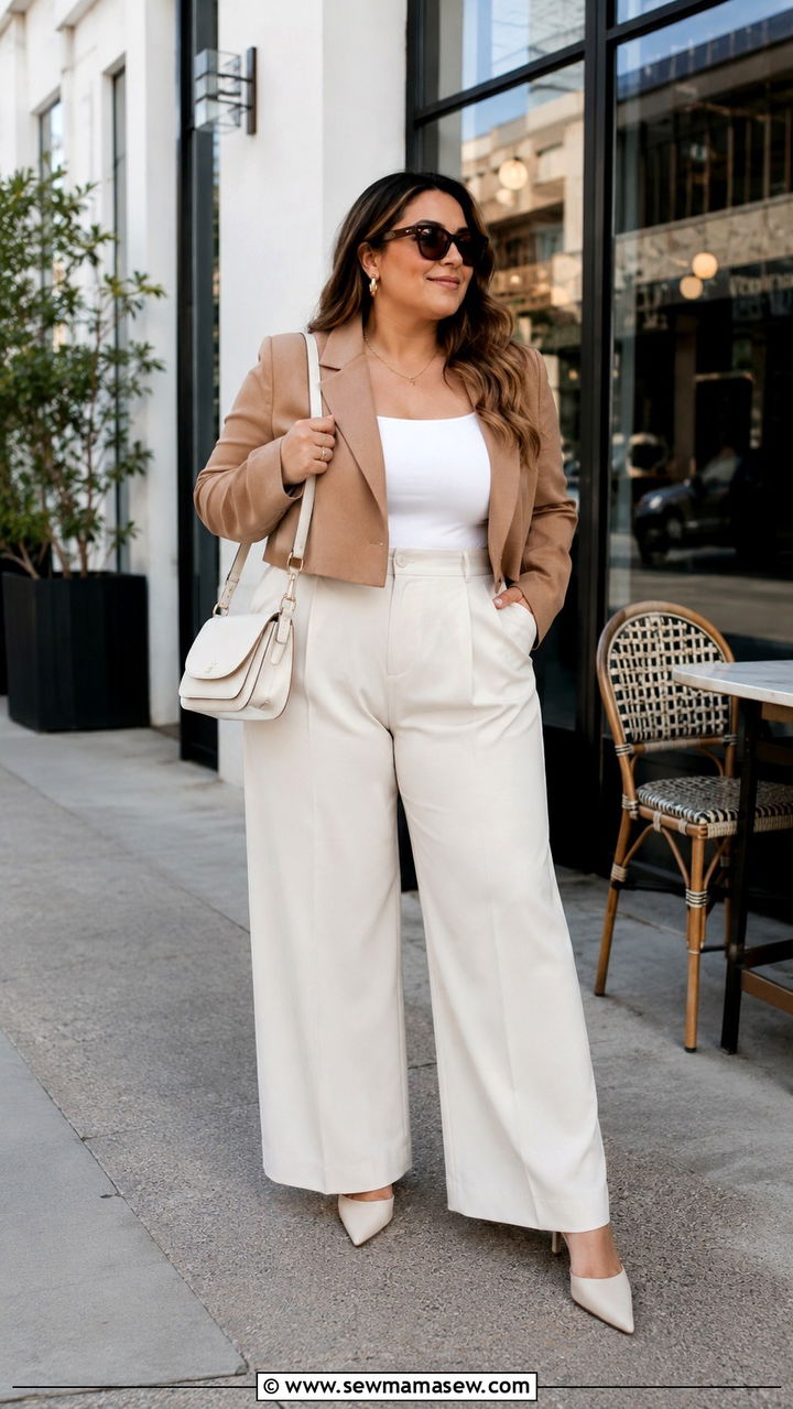Plus Size Wide Leg Pants With Cropped Blazer - 30 Plus size outfit ideas for brunch