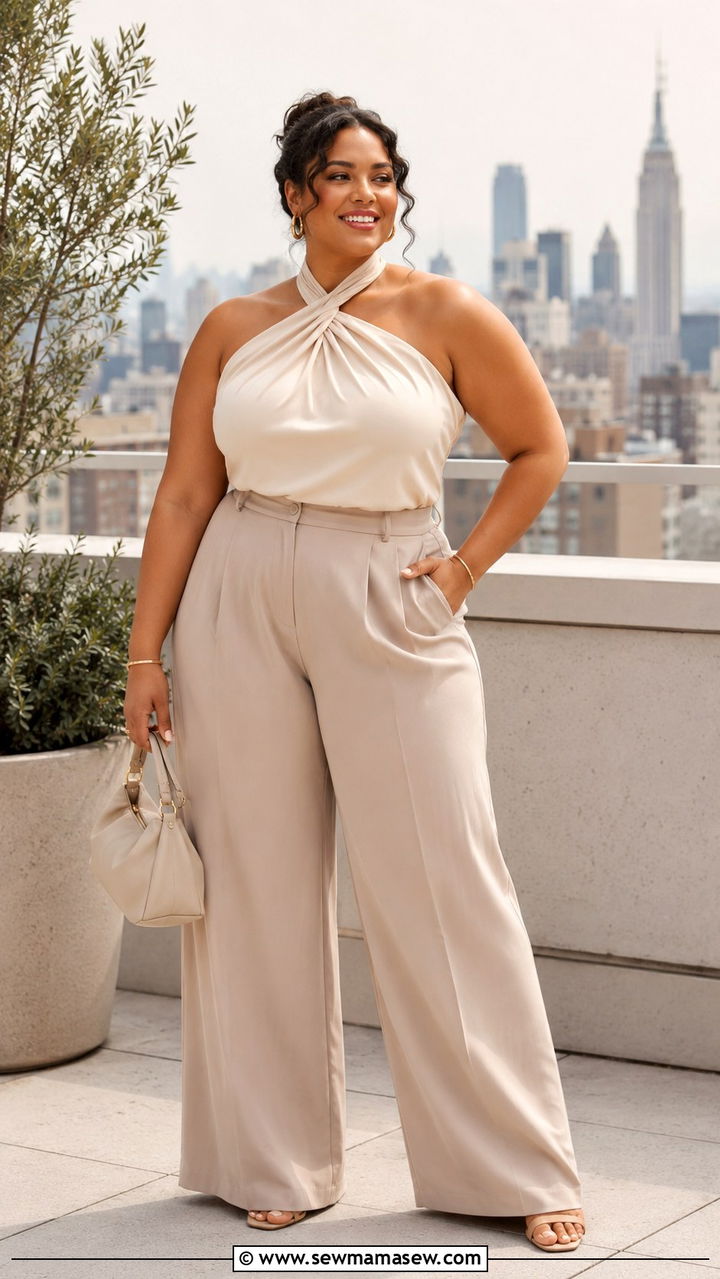 Plus Size Wide Leg Trousers and Knit Top Outfit - 20 Plus size outfit ideas size 12