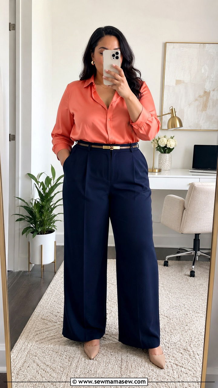 Plus Size Wide Leg Trousers and Silk Blouse Summer Work Outfit - 30 Plus size work outfit ideas summer