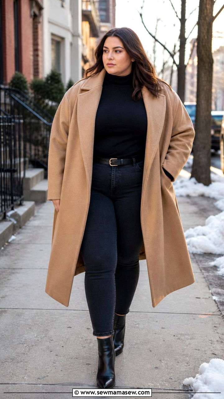Plus Size Winter Outfit with Oversized Coat and Ankle Boots - 40 Plus size outfit ideas