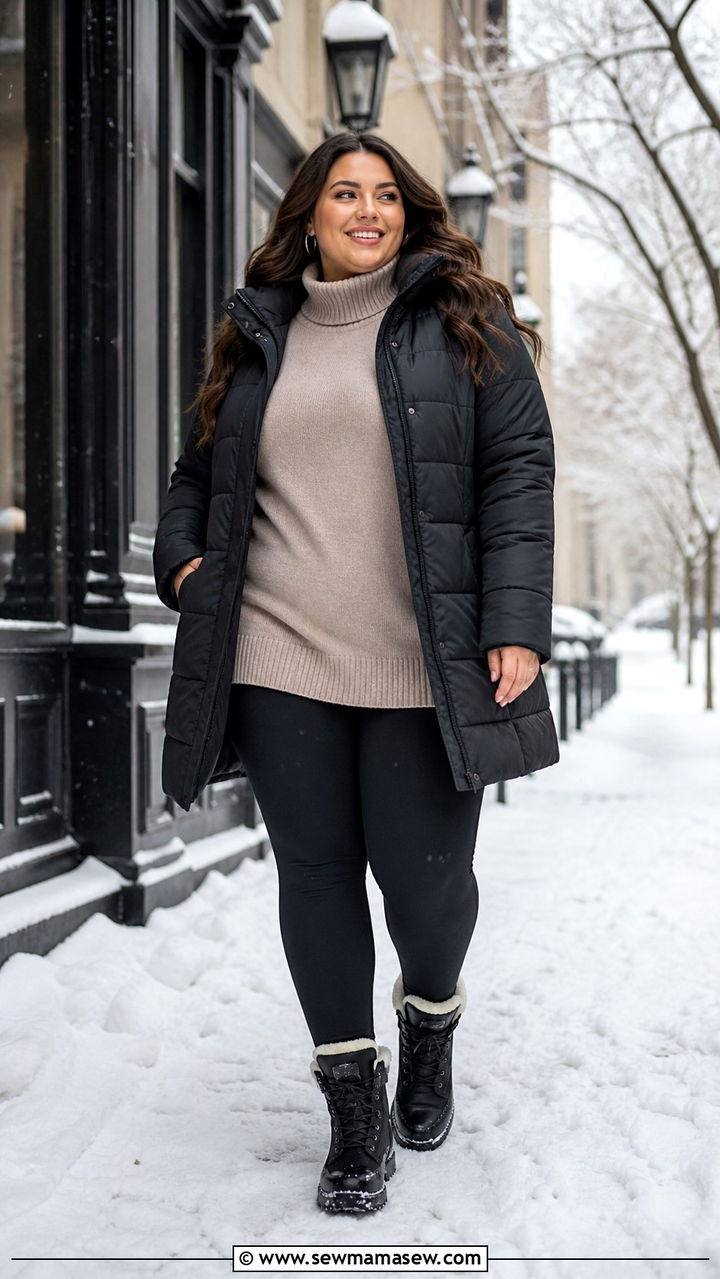 Plus Size Winter Outfit with Puffer Jacket and Leggings - 40 Plus size outfit ideas