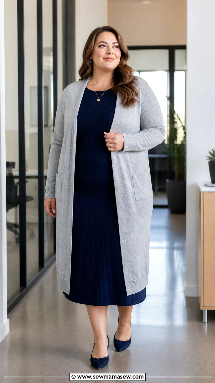 Plus Size Work Outfit with Midi Dress and Cardigan - 40 Plus size outfit ideas