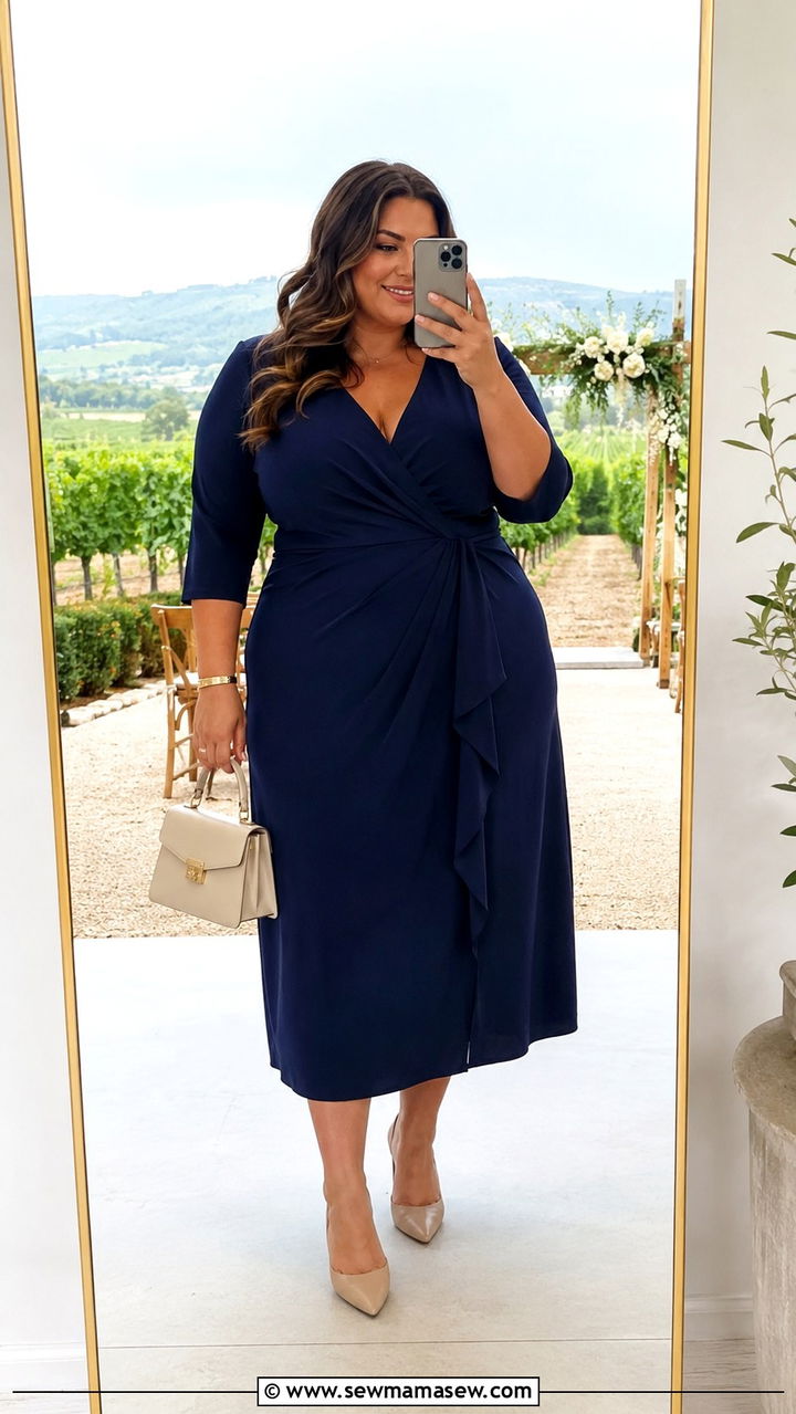 Plus Size Wrap Dress With ThreeQuarter Sleeves Wedding Guest Outfit - 25 Wedding guest outfit ideas size 20