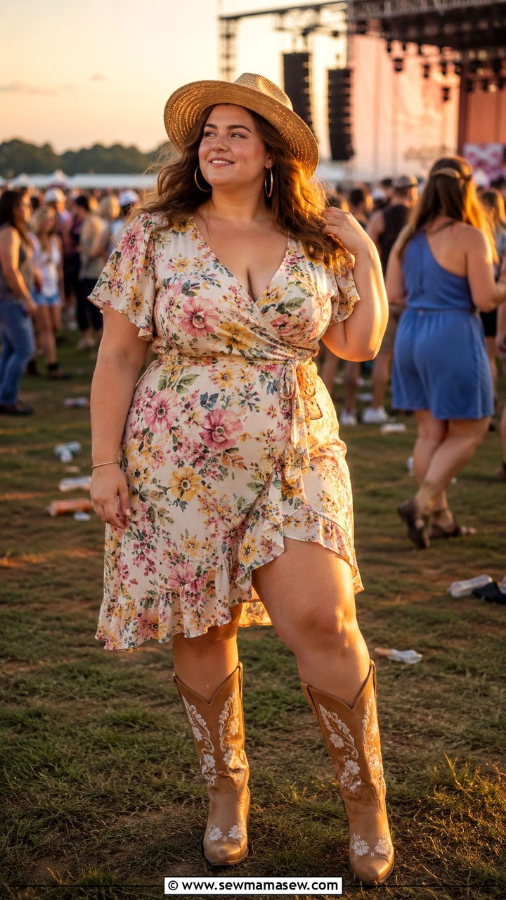 Plus Size Wrap Dress and Cowboy Boots Outfit - 30 plus size summer concert outfit ideas