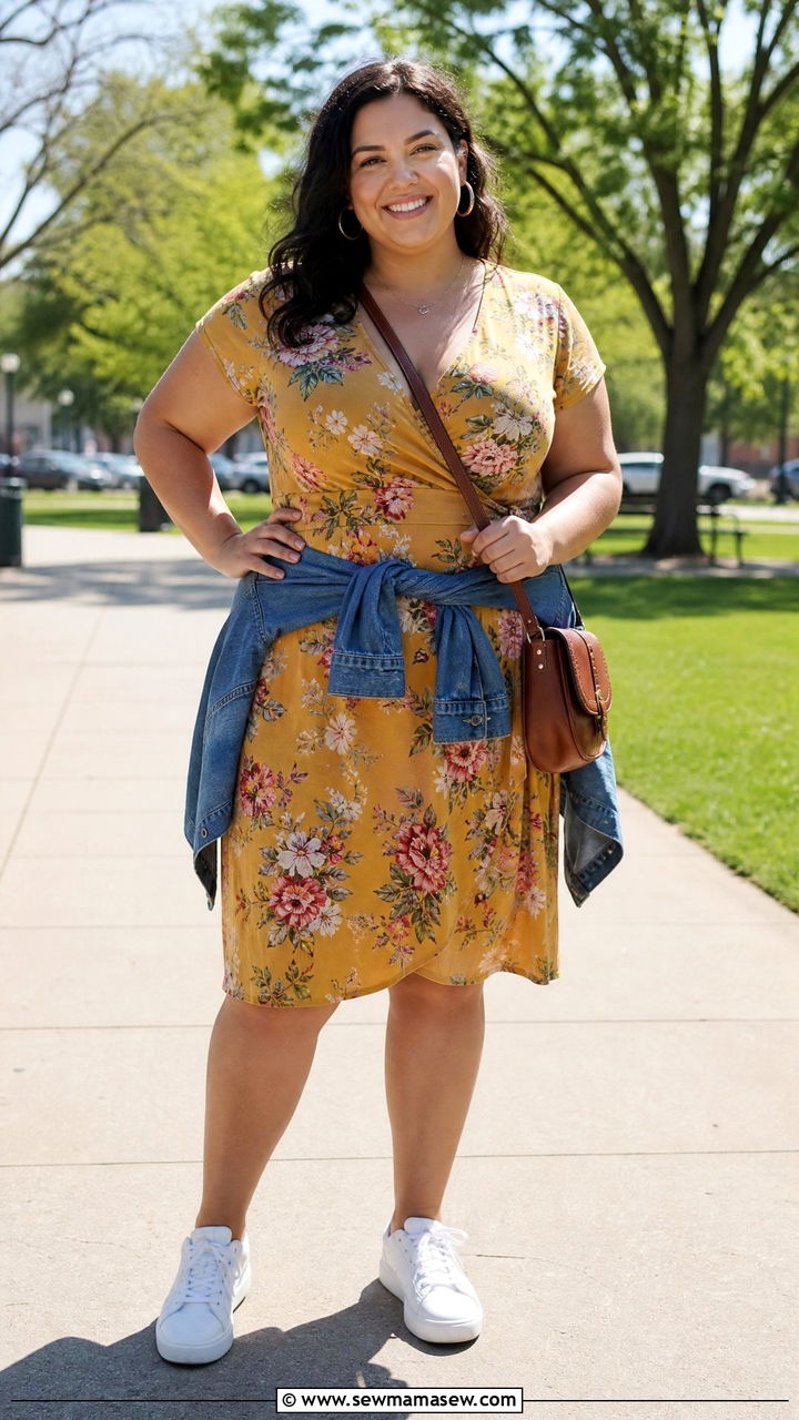 Plus Size Wrap Dress and Sneakers Outfit - 40 Disneyland outfit ideas