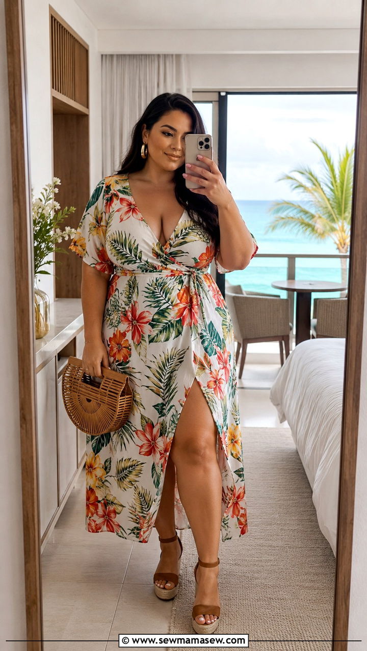 Plus Size Wrap Dress with Espadrille Wedges Outfit - 30 Resort wear outfit ideas plus size