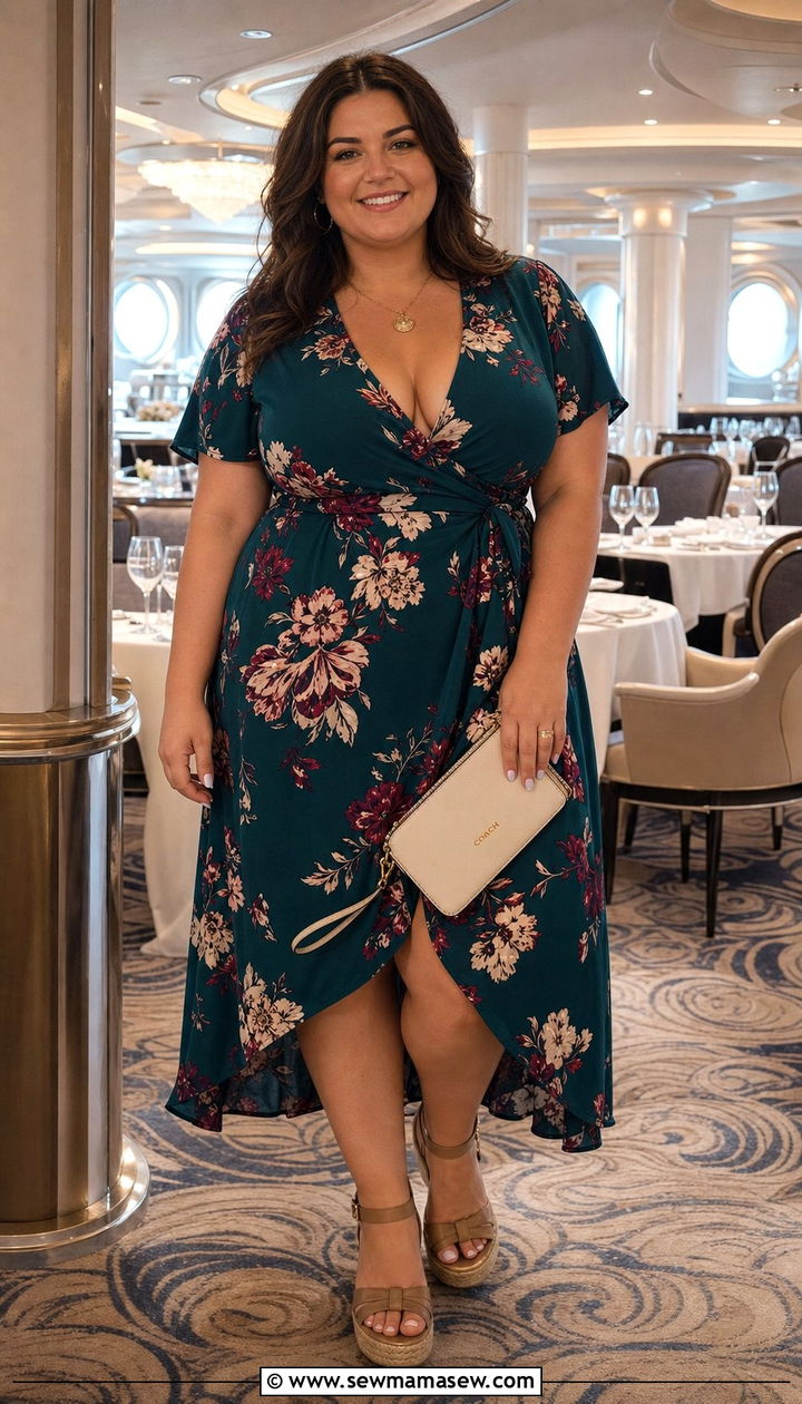 Plus Size Wrap Dress with Wedge Sandals for Dinner - 25 Disney cruise outfit ideas 2026