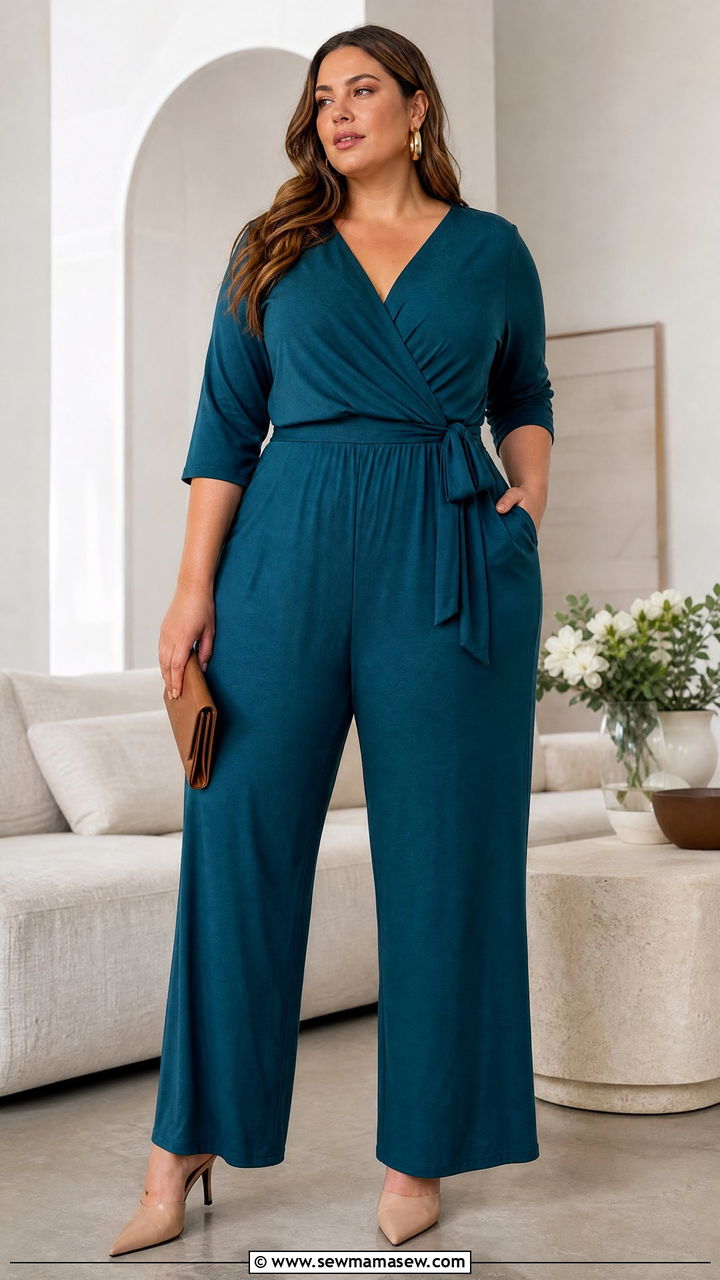 Plus Size Wrap Jumpsuit with Hoop Earrings Outfit - 25 Jumpsuit outfit ideas plus size