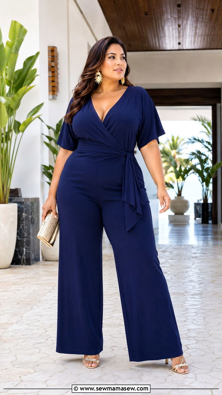 Plus Size Wrap Jumpsuit with Statement Earrings Outfit - 30 Resort wear outfit ideas plus size