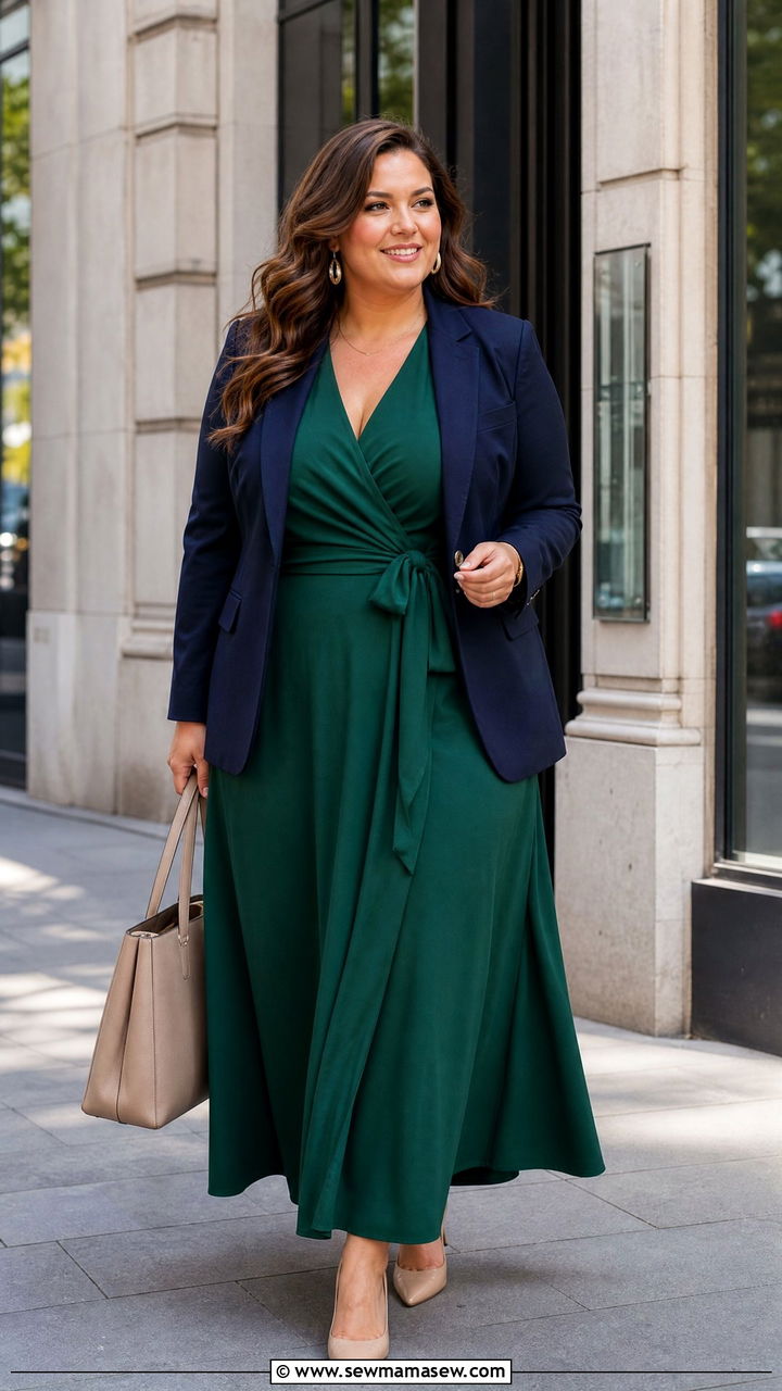 Plus Size Wrap Maxi Dress With Structured Blazer - 30 Maxi dress for work outfit ideas