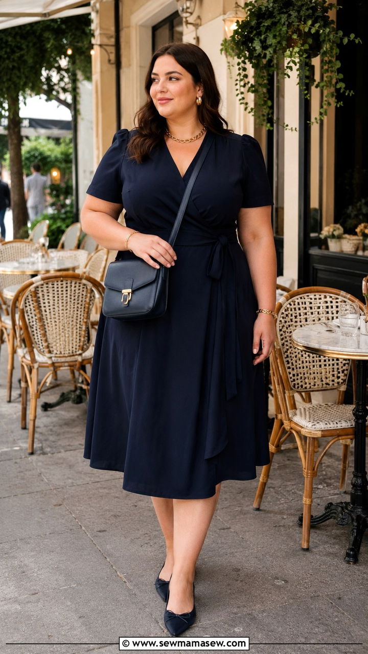 Plus Size Wrap Midi Dress with Pointed Toe Flats - 30 Parisian outfits plus size