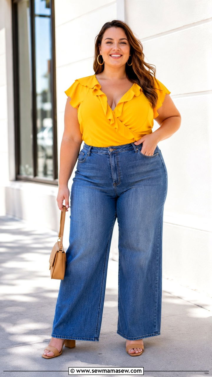 Plus Size Yellow Blouse and Wide Leg Jeans - 30 Plus size outfit ideas summer 2026