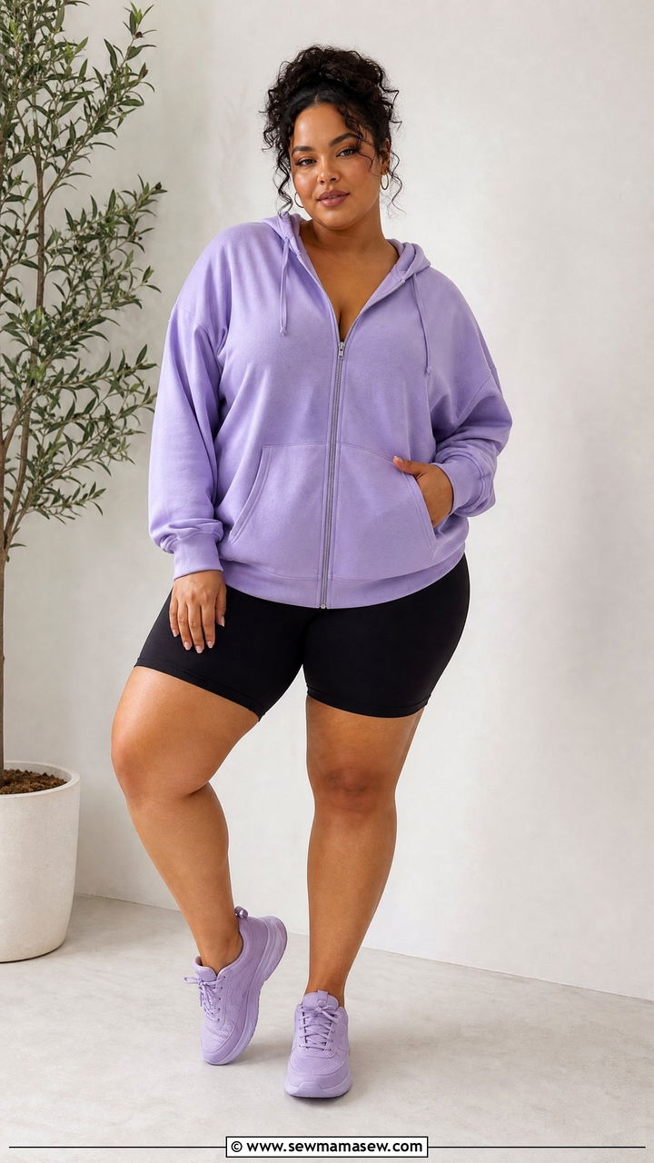 Plus Size Zip Up Hoodie and Bike Shorts - 25 Loungewear outfit ideas plus size