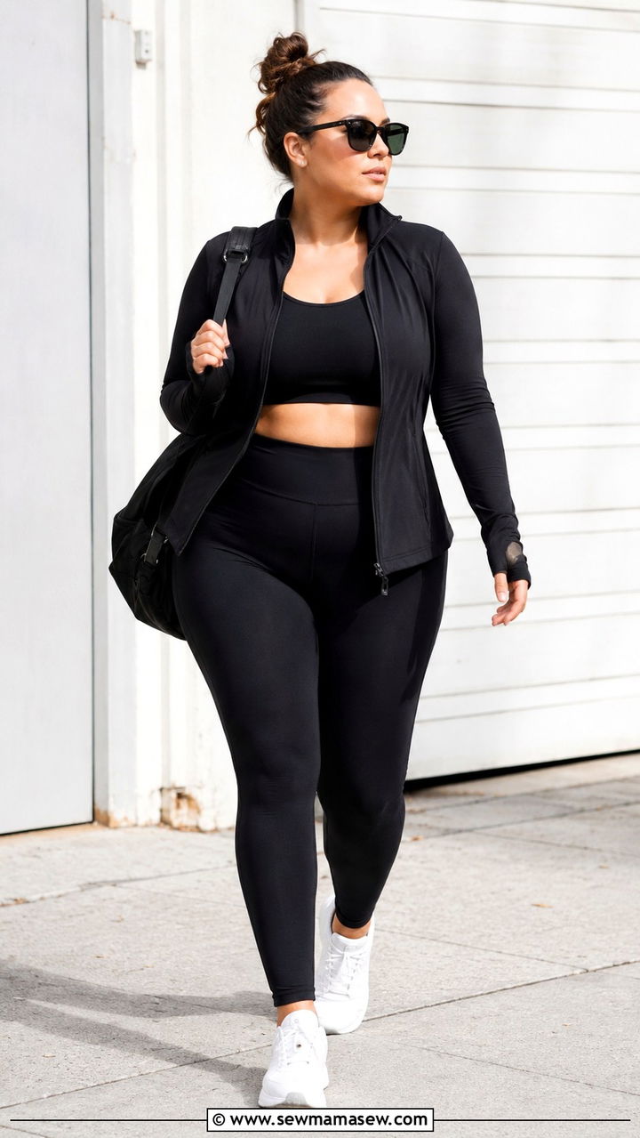 Plus Size Zip Up Yoga Jacket Layered Over Leggings Outfit - 25 Yoga outfit ideas plus size