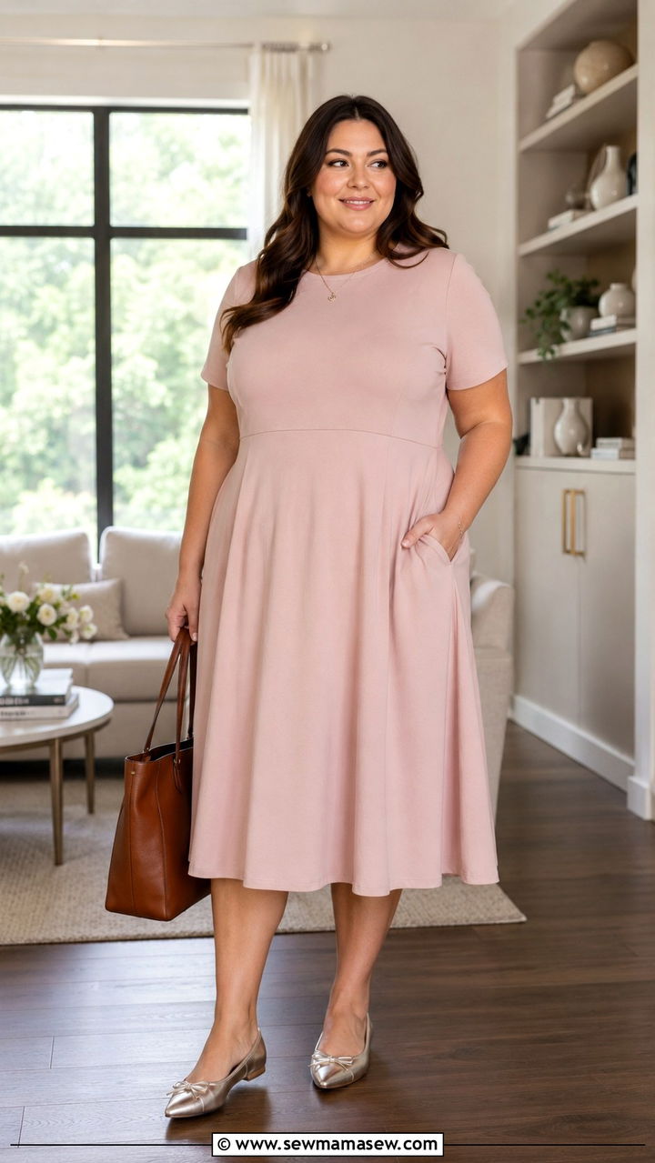 Plus size A line dress with pockets and flats - 30 plus size bridal shower outfit ideas