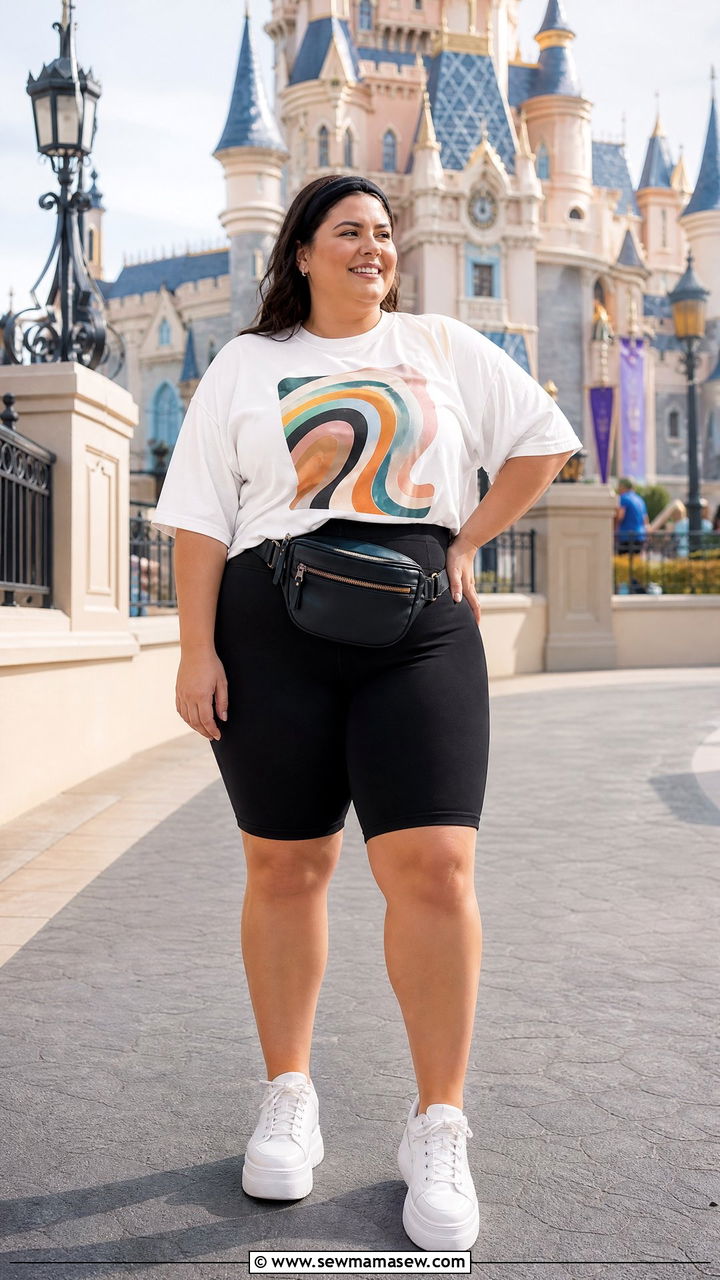 Plus size Disney World outfit with biker shorts and oversized tee - 40 What to wear in Disney World
