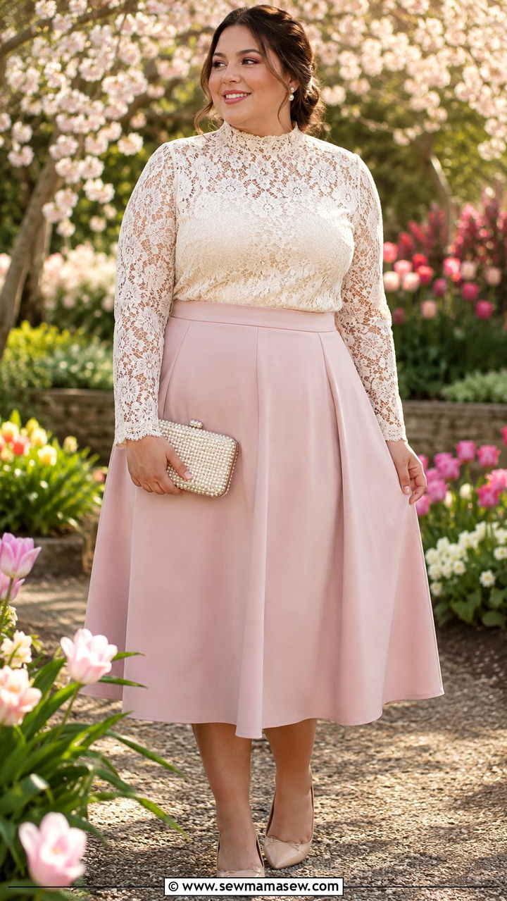Plus size a line midi skirt with lace blouse - 30 Plus size outfit ideas with skirts