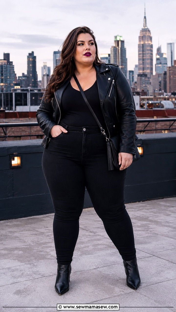 Plus size all black jeans outfit with leather jacket and boots - 30 Plus size outfit ideas with jeans