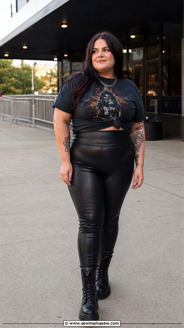 Plus size band tee and faux leather leggings concert outfit - 25 Festival outfit ideas plus size