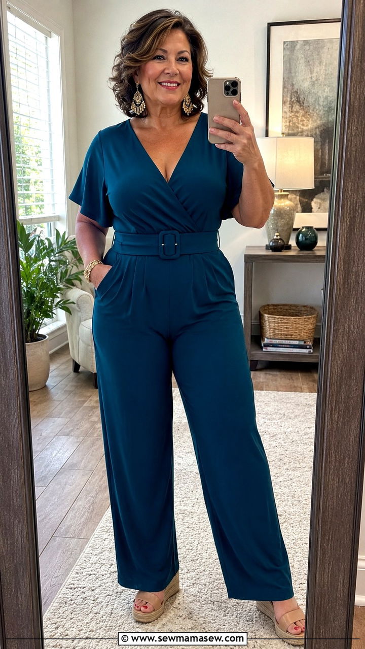 Plus size belted jumpsuit with wedge heels - 30 Jumpsuit outfit ideas for women over 50