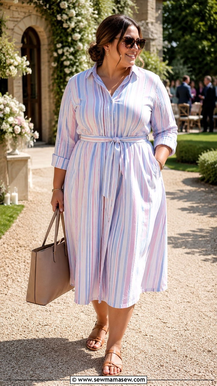 Plus size belted shirtdress with tote and sandals - 30 Plus size wedding guest outfits summer