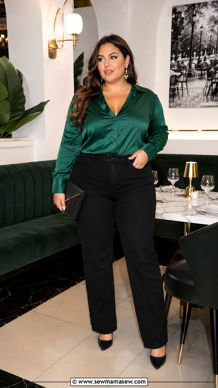Plus size black jeans with satin blouse and pointed heels - 30 Plus size outfit ideas with jeans