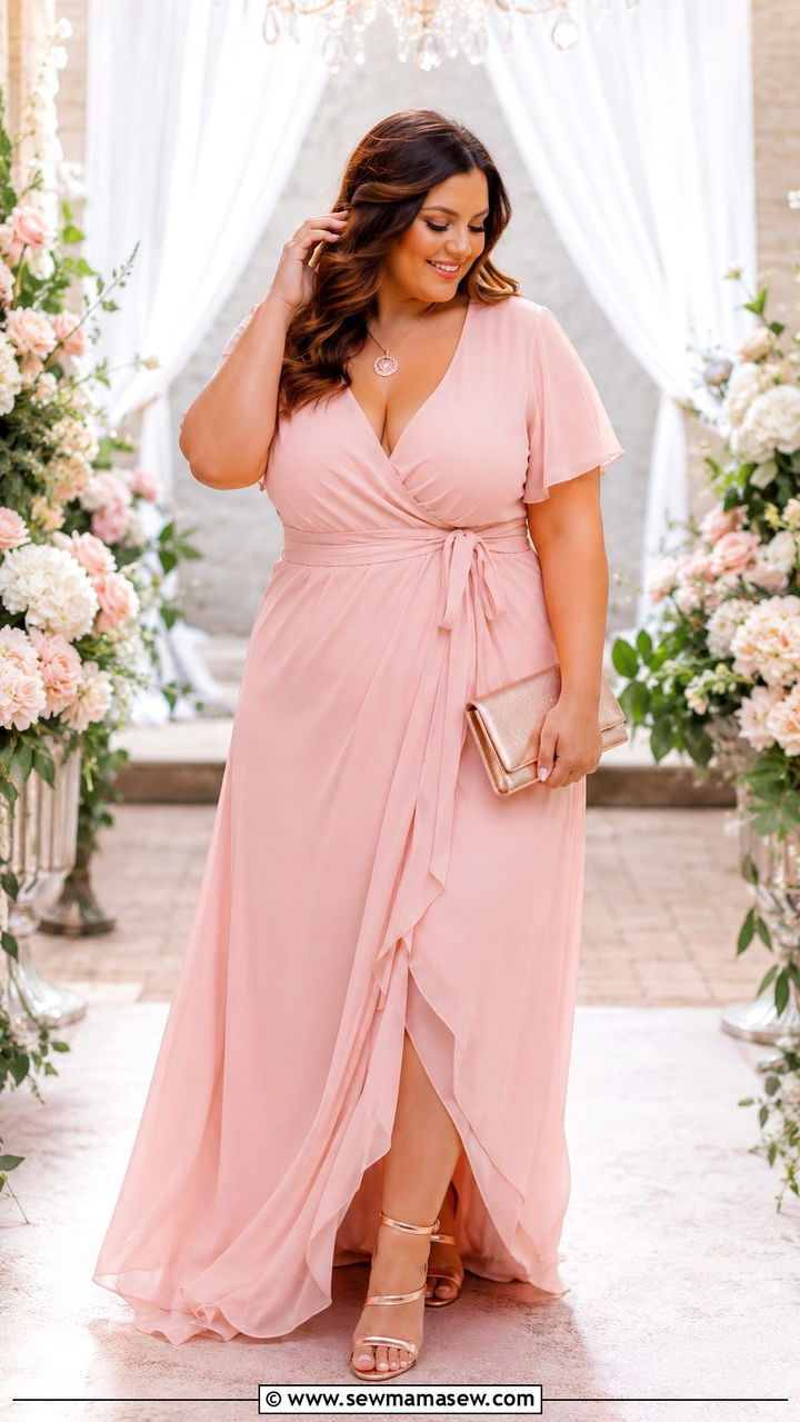 Plus size blush pink wrap maxi dress and rose gold sandals - 30 Plus size wedding guest outfits summer