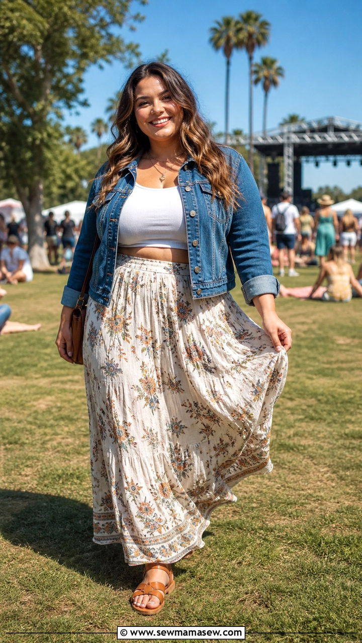 Plus size boho outfit with maxi skirt and cropped denim jacket - 40 concert outfits