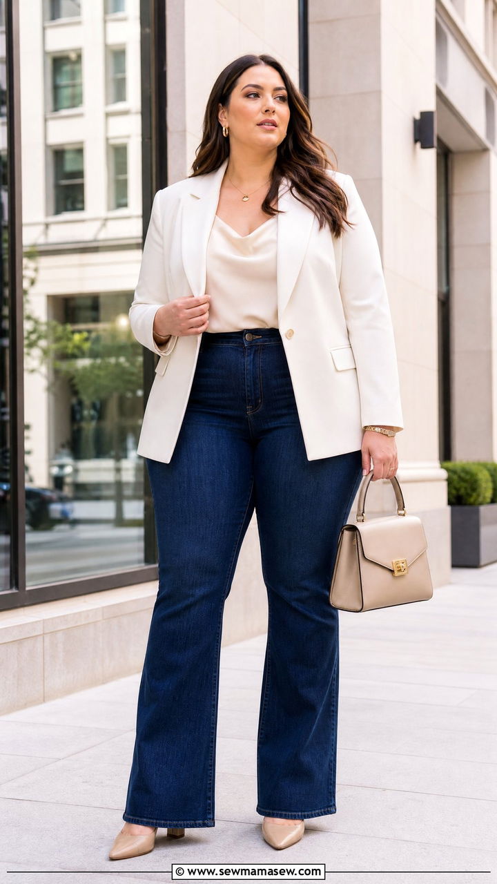 Plus size bootcut jeans with blazer and heels - 30 Plus size outfit ideas with jeans