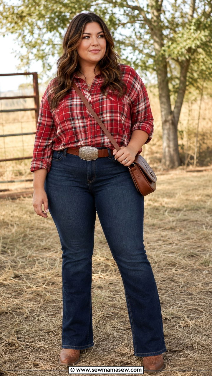 Plus size bootcut jeans with plaid shirt and cowboy boots - 30 Plus size outfit ideas with jeans