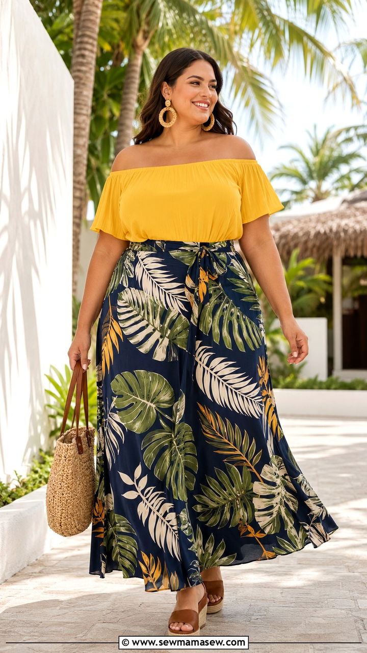 Plus size botanical print skirt with off shoulder top - 30 Plus size outfit ideas with skirts