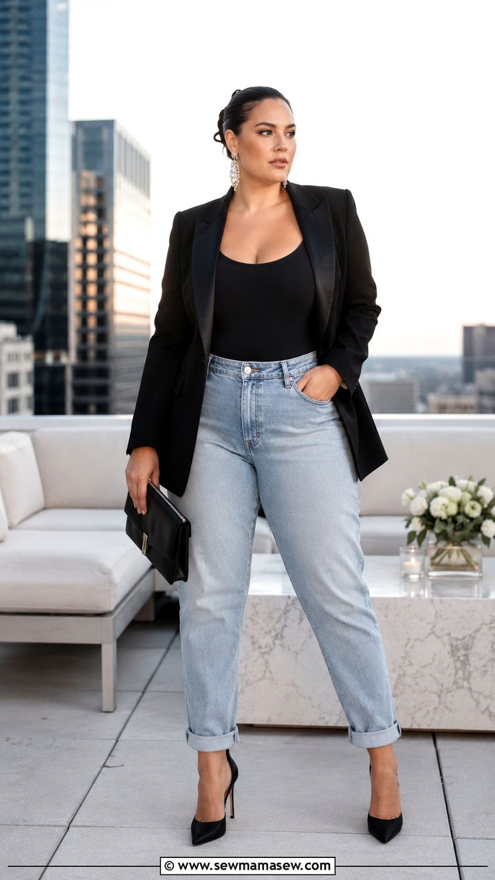 Plus size boyfriend jeans with tailored blazer and stilettos - 30 Plus size outfit ideas with jeans