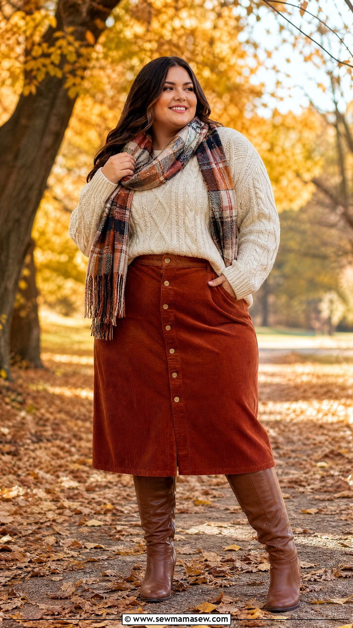 Plus size cable knit sweater and corduroy skirt outfit - 25 Plus size outfit ideas cottagecore