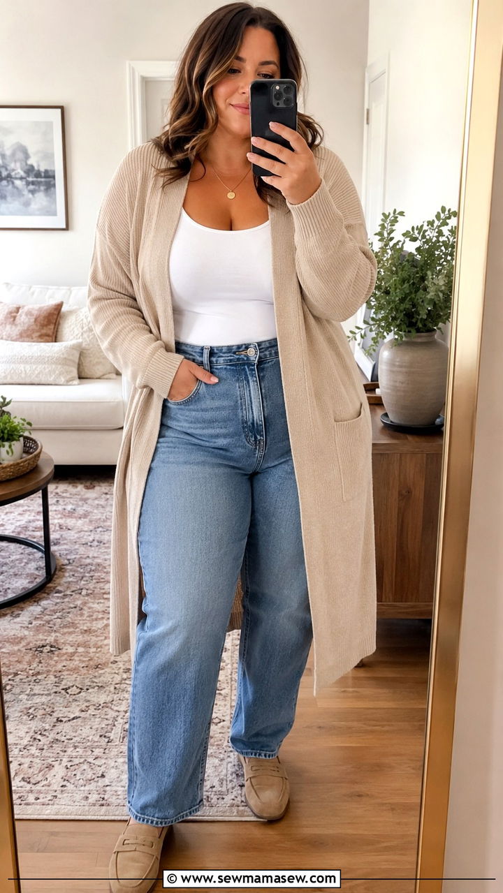 Plus size cardigan and jeans outfit size 14 - 20 Plus size outfit ideas size 14