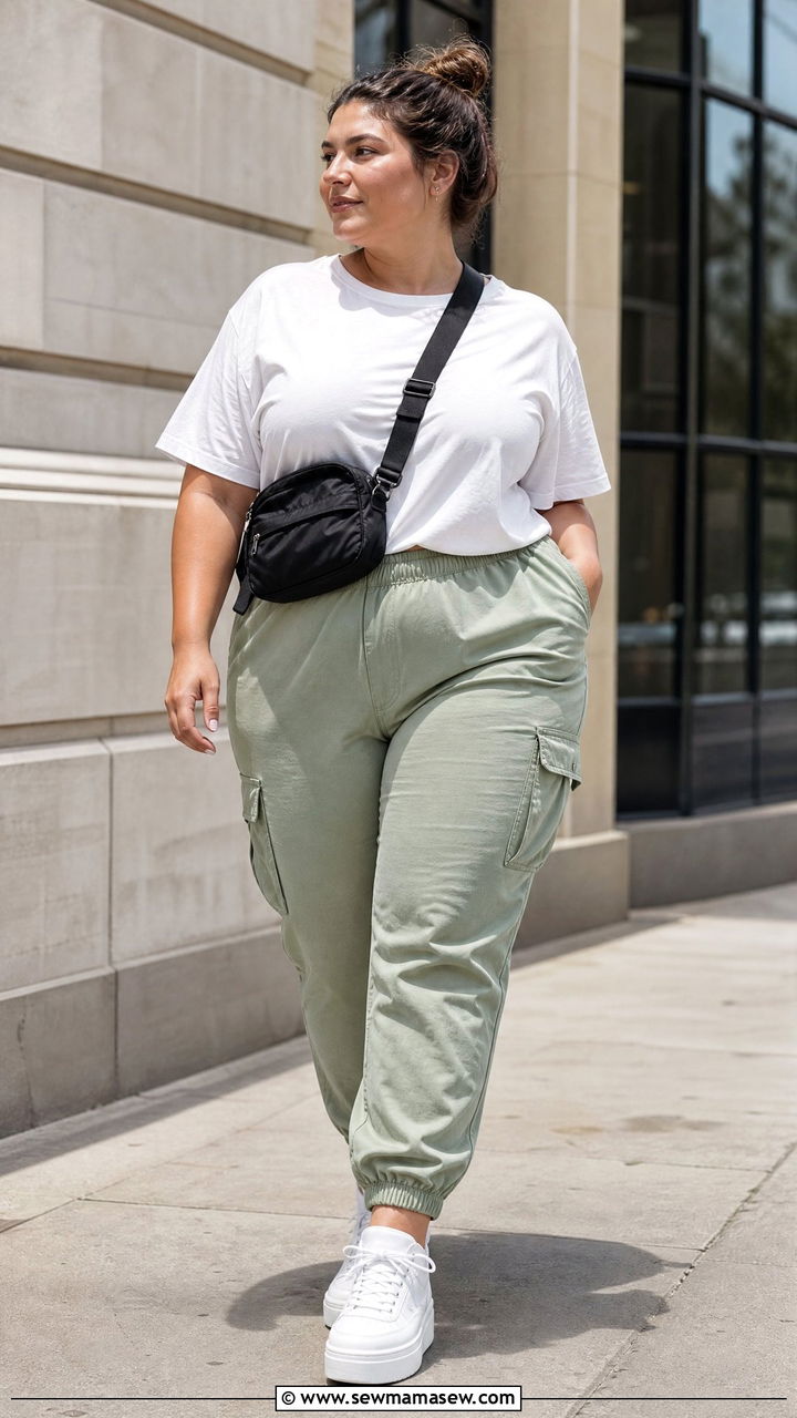 Plus size cargo joggers and tee outfit - 30 Summer capsule wardrobe plus size