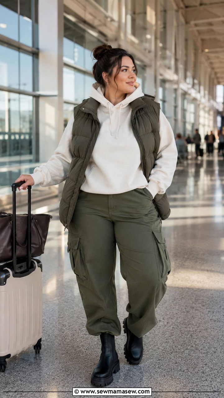 Plus size cargo pants with hoodie and lug sole boots - 30 Plus size outfit ideas for airport