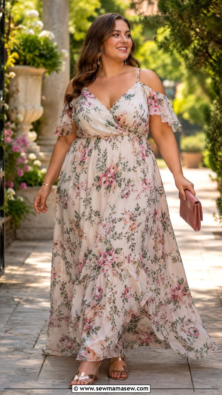 Plus size cold shoulder maxi dress and metallic sandals - 30 Plus size wedding guest outfits summer
