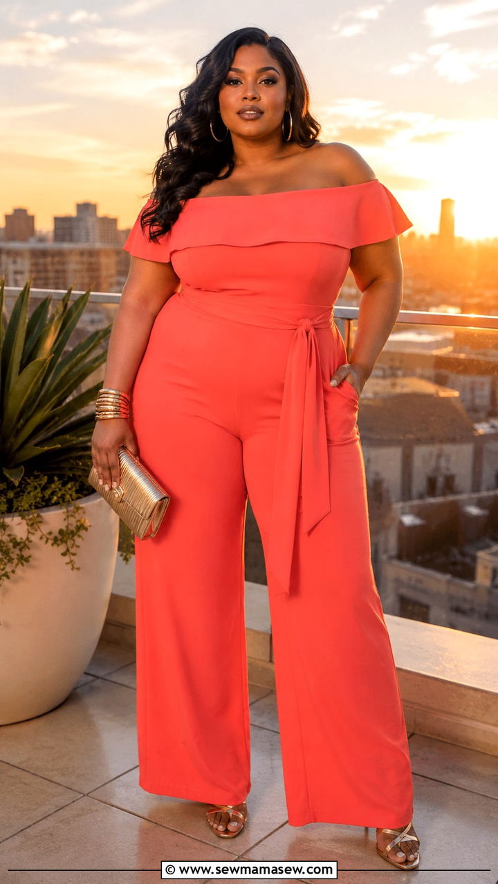 Plus size coral off shoulder jumpsuit with gold bangles - 30 Plus size wedding guest outfits summer