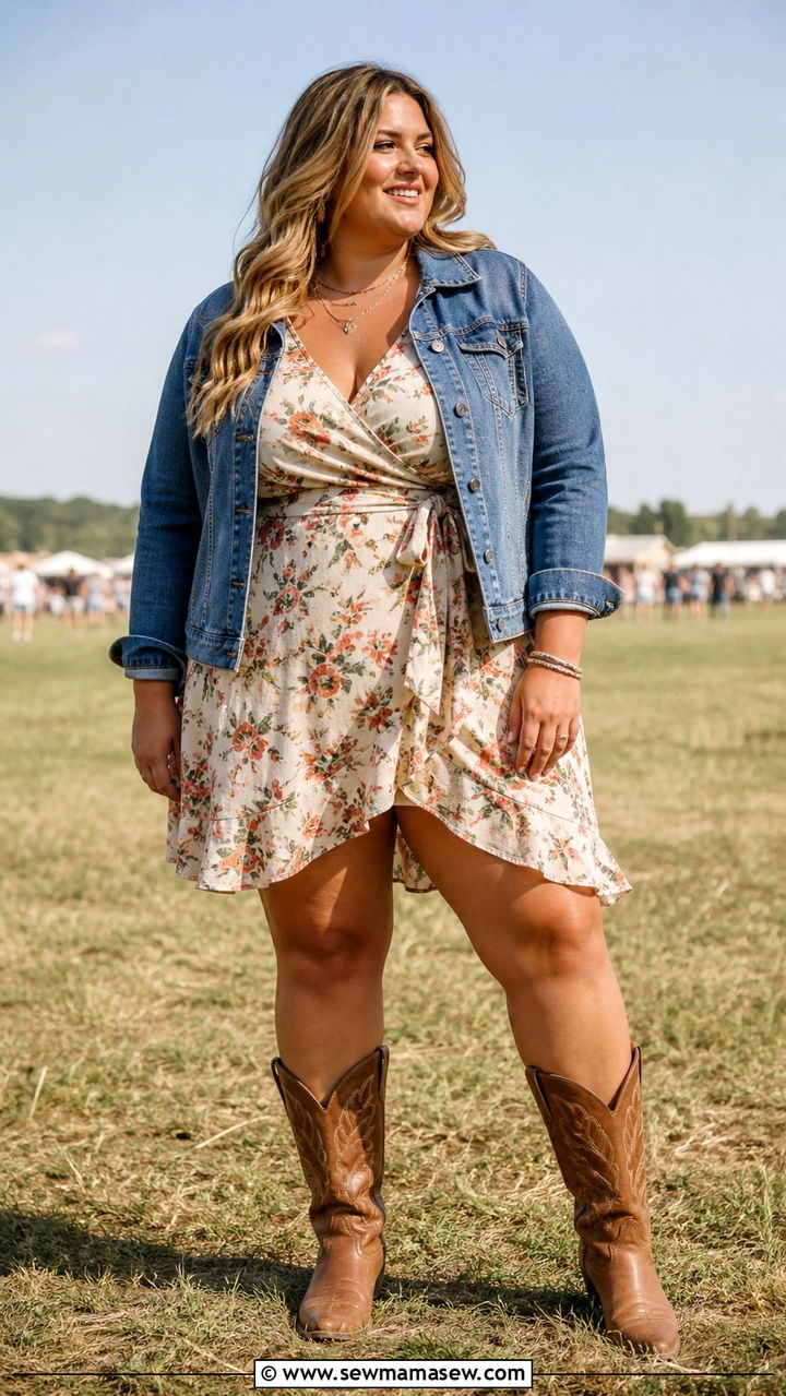 Plus size country outfit with wrap dress and cowboy boots - 40 concert outfits