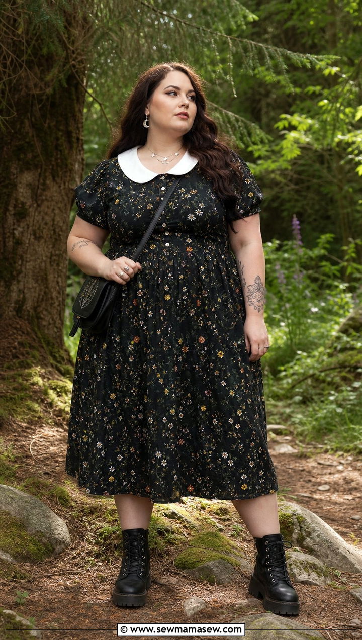 Plus size dark floral dress with peter pan collar cottagecore - 25 Cottagecore outfits plus size