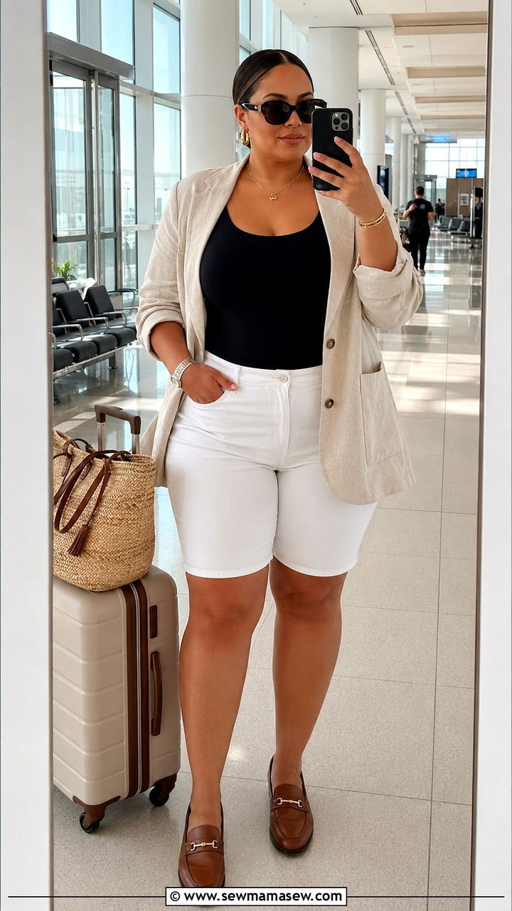 Plus size denim bermuda shorts with linen blazer - 30 Plus size outfit ideas for airport