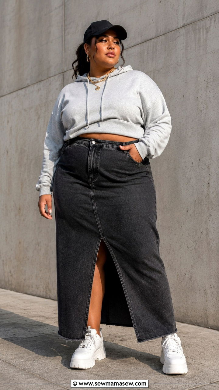 Plus size denim maxi skirt with cropped hoodie - 30 Plus size outfit ideas with skirts