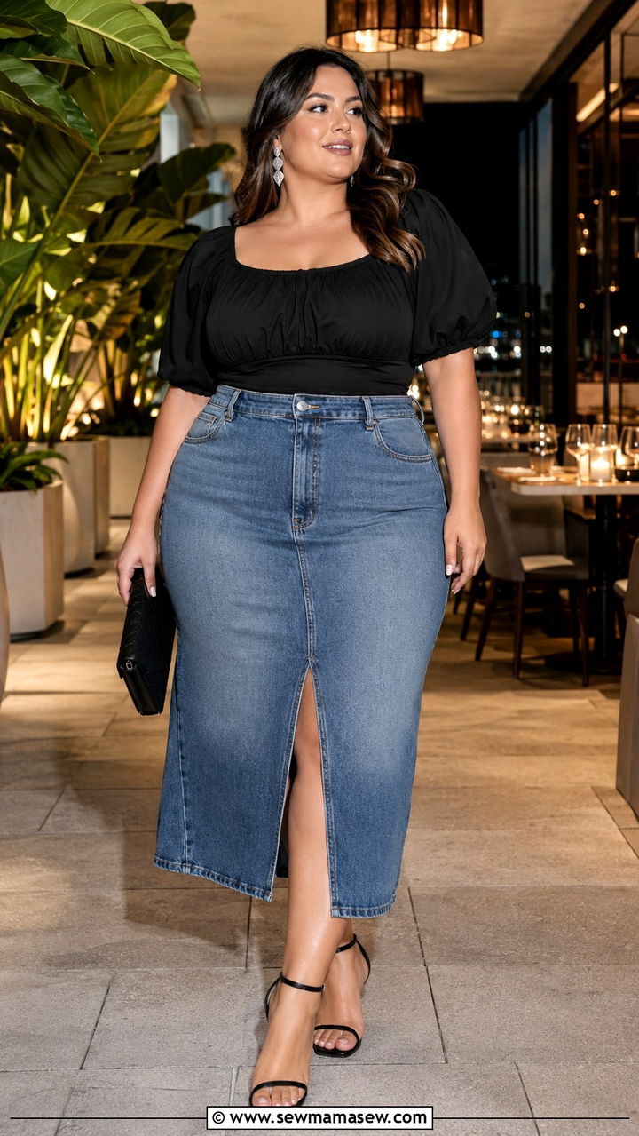 Plus size denim midi skirt with puff sleeve blouse - 30 Plus size outfit ideas with skirts