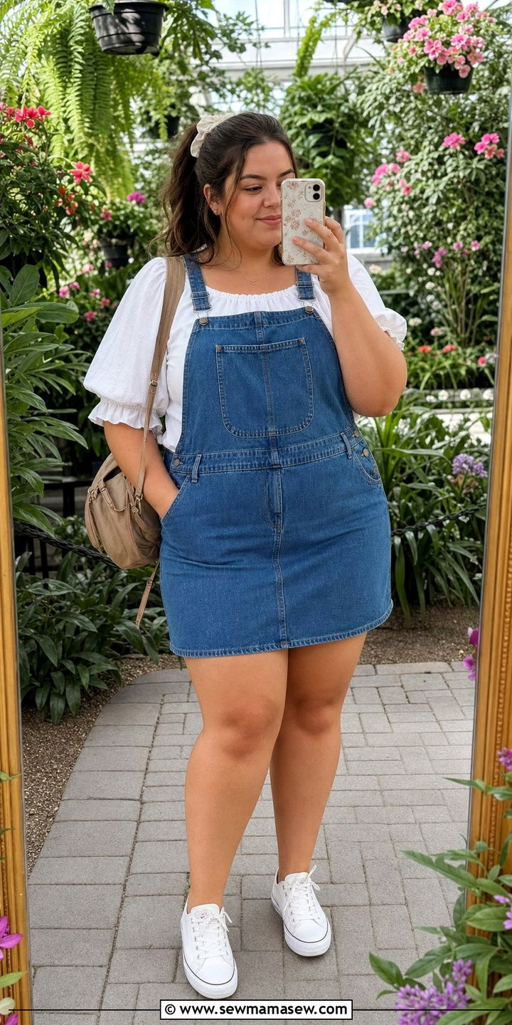 Plus size denim pinafore dress over puff sleeve top cottagecore - 25 Cottagecore outfits plus size