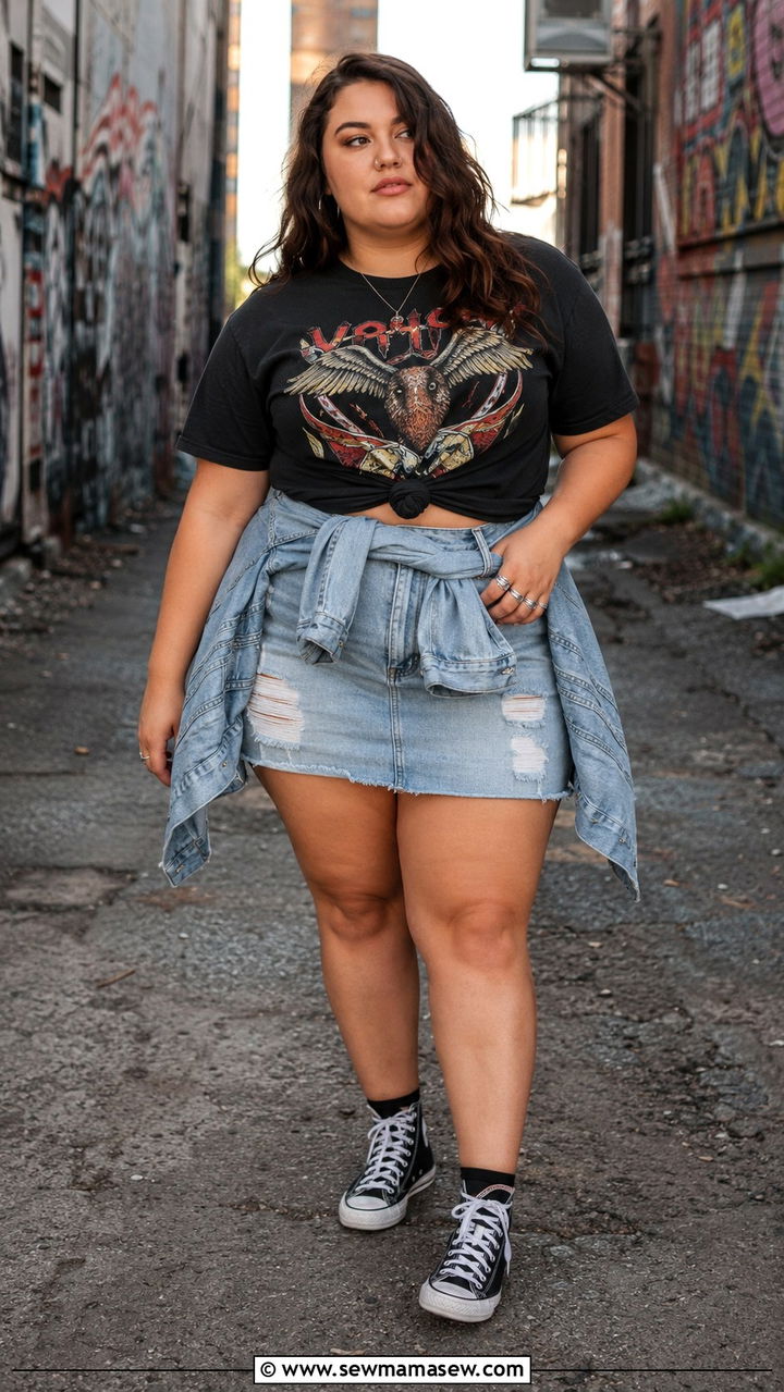 Plus size distressed denim mini skirt with band tee - 30 Plus size outfit ideas with skirts