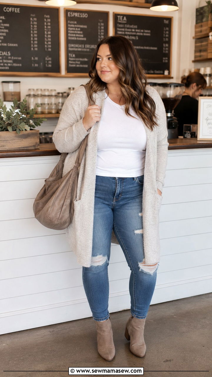 Plus size distressed jeans with long cardigan and booties - 30 Plus size outfit ideas with jeans