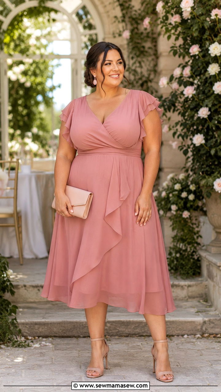 Plus size dusty rose chiffon midi dress and nude heels - 30 Plus size wedding guest outfits summer