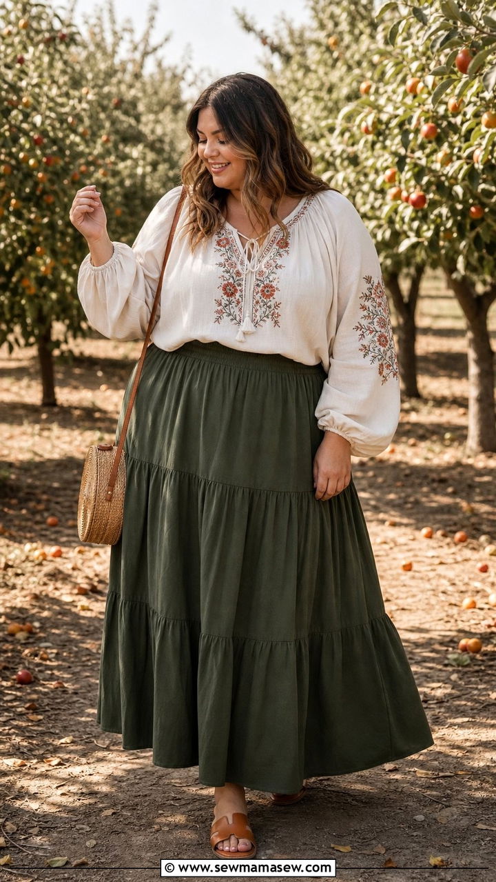 Plus size embroidered peasant blouse and maxi skirt - 25 Cottagecore outfits plus size